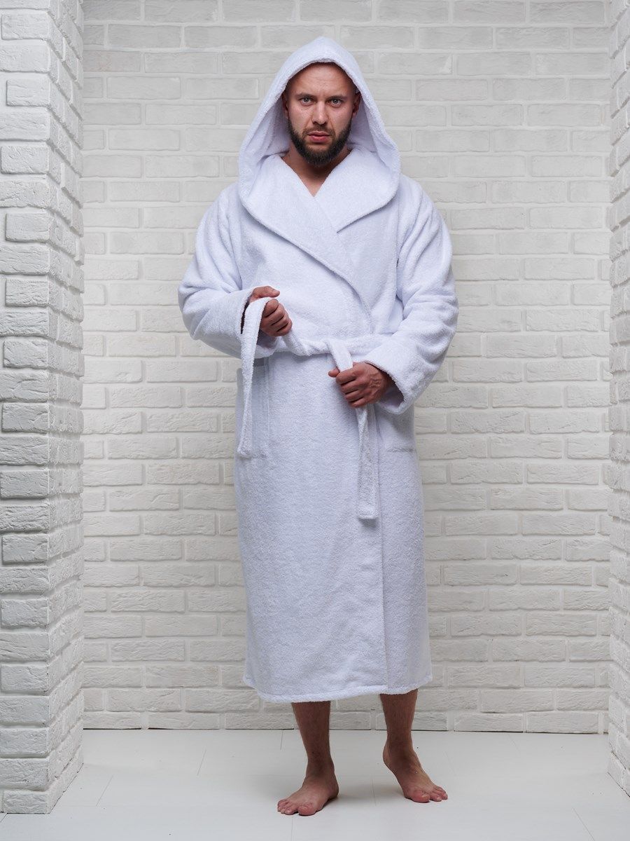 снимок Халат мужской махровый PandaHug с капюшоном, белый от магазина BIO-TEXTILES ОПТ