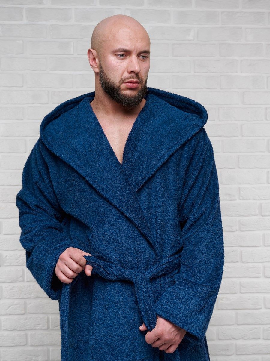 снимок Халат мужской махровый PandaHug с капюшоном, синий от магазина BIO-TEXTILES ОПТ