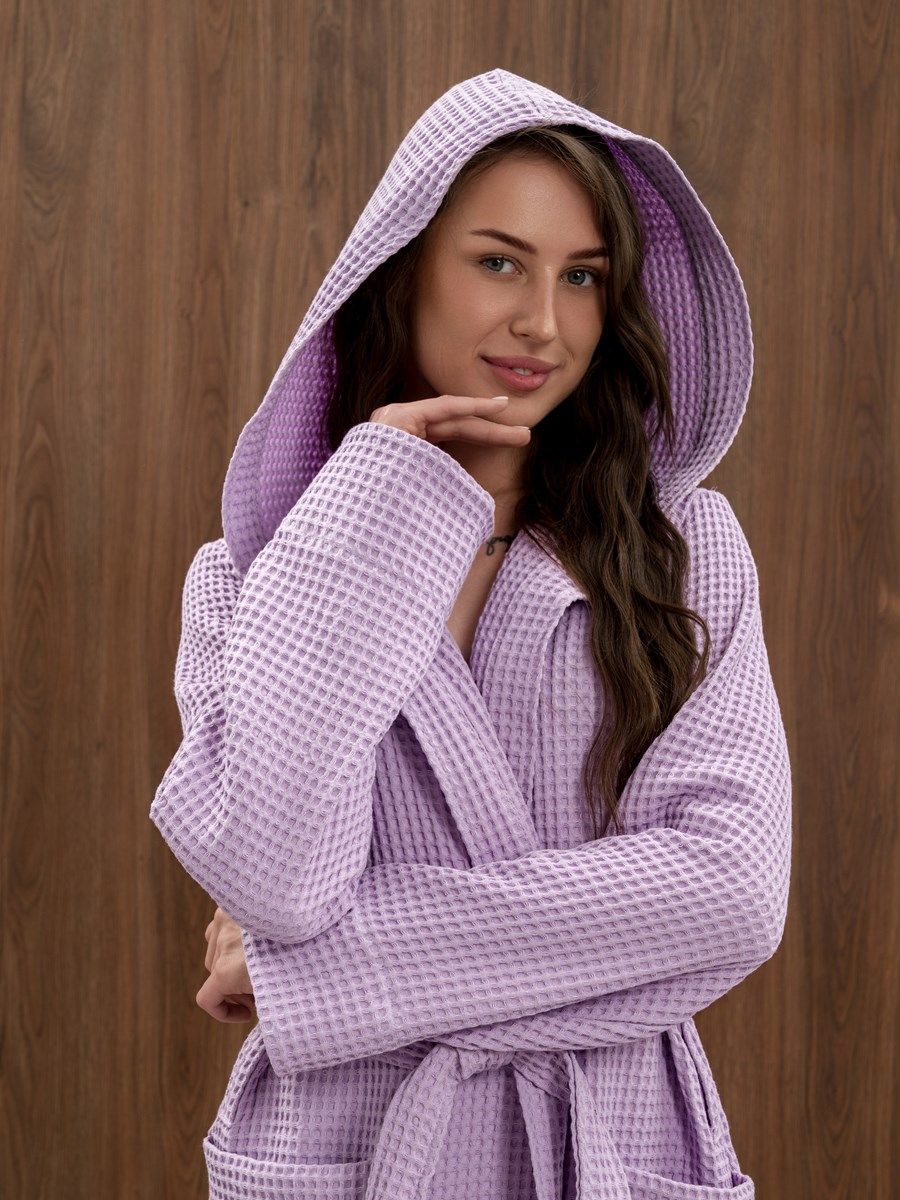 снимок Халат женский вафельный PandaHug Оrnella сиреневый с капюшоном от магазина BIO-TEXTILES ОПТ