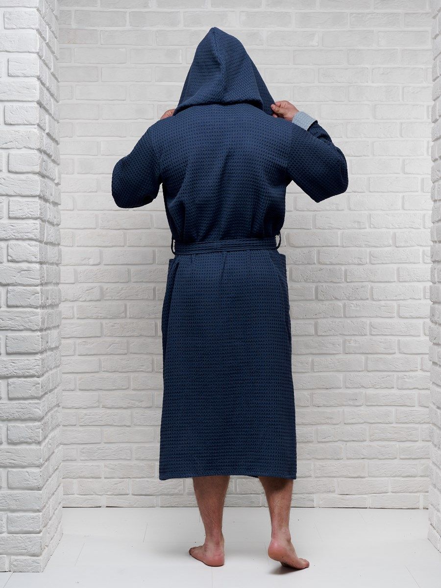 снимок Халат вафельный с капюшоном, два цвета, темно-синий от магазина BIO-TEXTILES ОПТ