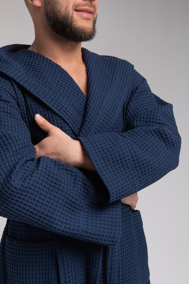 снимок Халат вафельный PandaHug Оrlando синий с капюшоном от магазина BIO-TEXTILES ОПТ