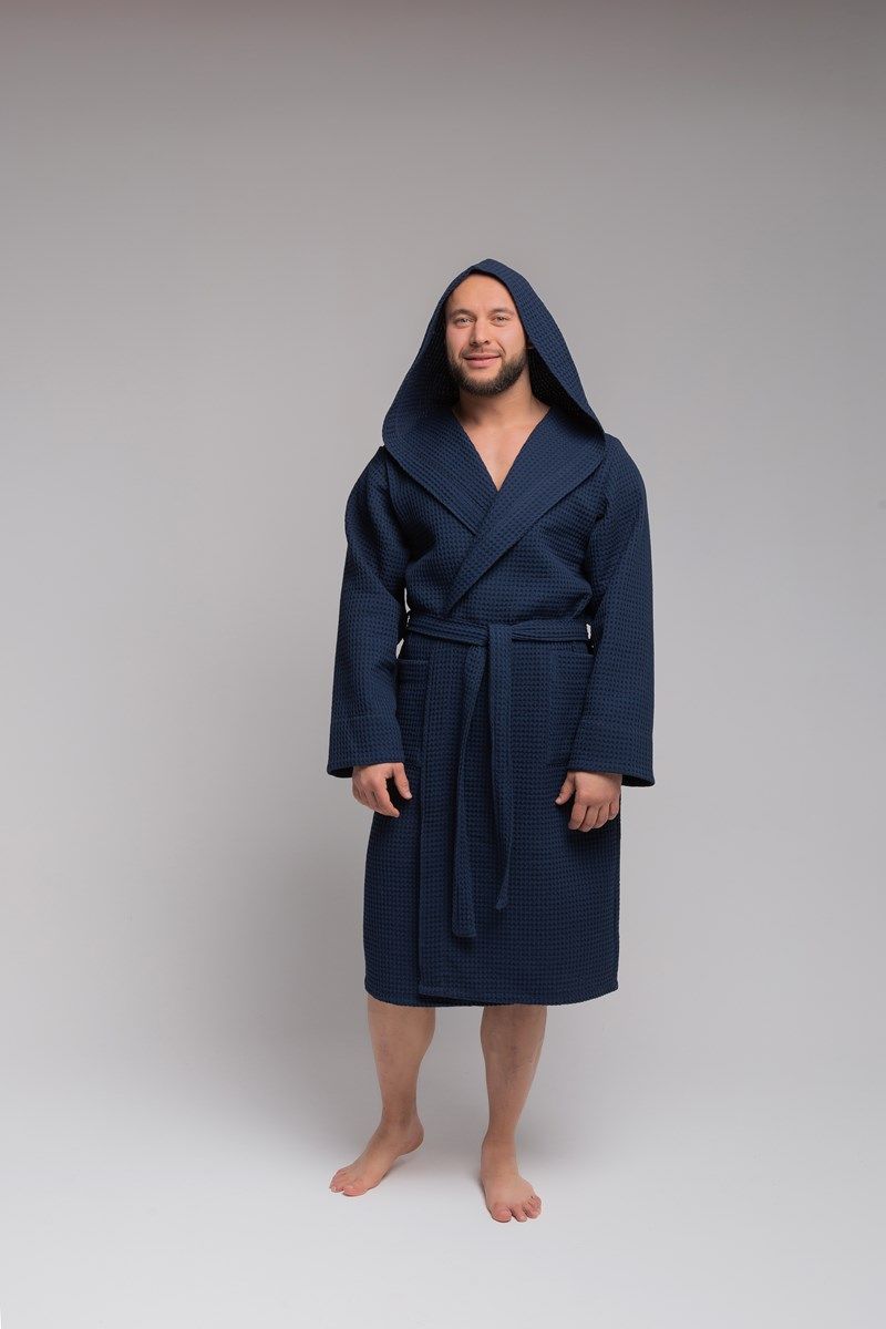 снимок Халат вафельный PandaHug Оrlando синий с капюшоном от магазина BIO-TEXTILES ОПТ